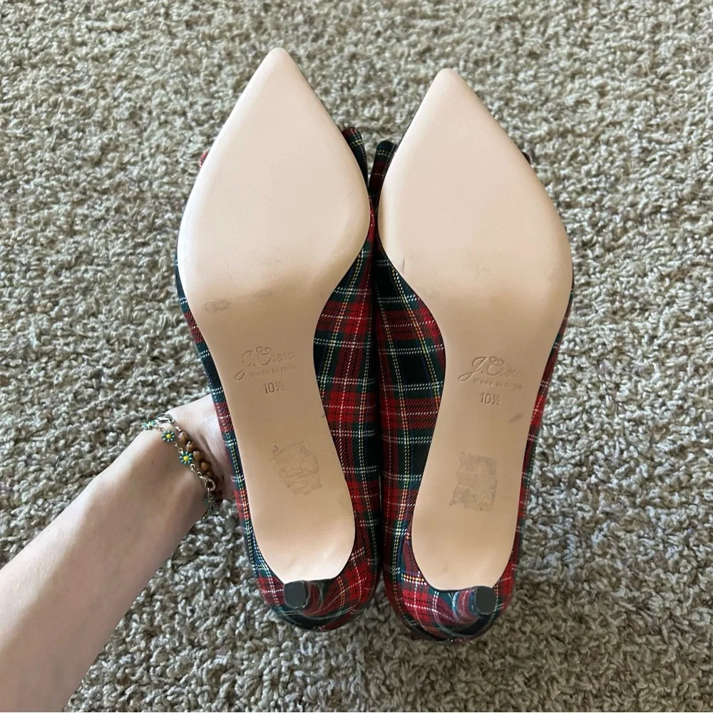 J. Crew Red Green Plaid Bow Pointed-Toe Kitten Heels